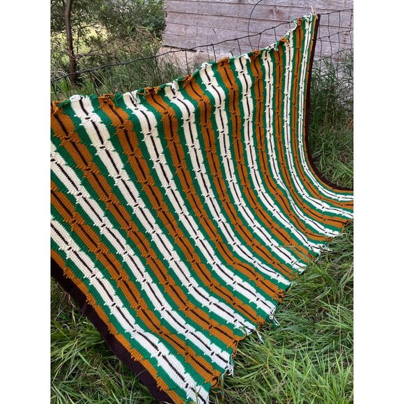 Vintage 1970s Crochet Afghan Blanket Green Brown & Cream Stripes  74x59 - Picture 2 of 14